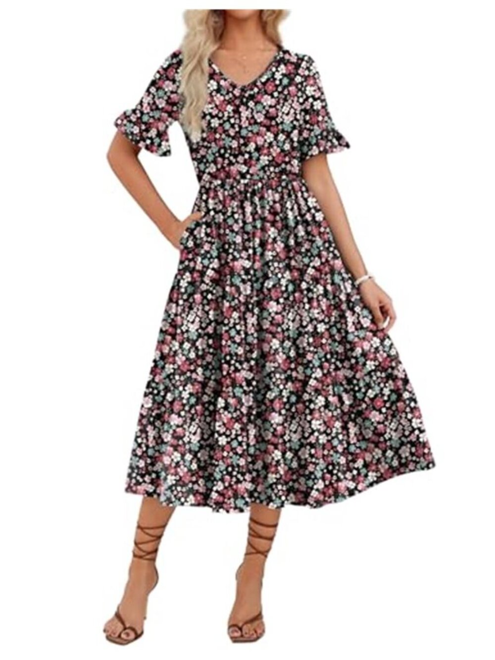 Floral Midi Dress V Neck Ruffle Short Sleeve Tiered Flowy Beach Pockets Women